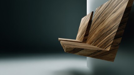 Fototapete - A sculpted bench features striking angular lines and rich grain patterns, elegantly floating against a dark backdrop with soft illumination from above