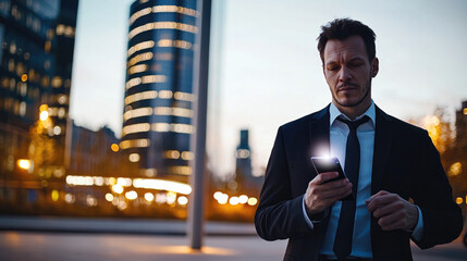 Aufkleber - Businessman in suit using smartphone outdoors at dusk, city lights in background, focused mood