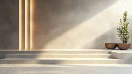 Poster - Minimalist interior with concrete steps and plant. Sunlight streams in