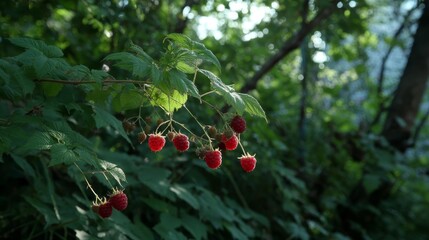 Aufkleber - Raspberry bushes flourish in sunlight, showcasing clusters of ripe, red berries amid lush green leaves in a beautiful open garden setting