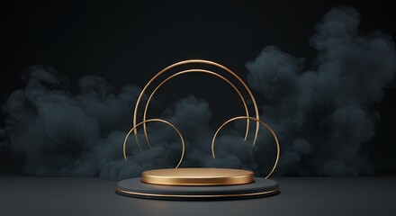 Poster - Luxurious golden podium with elegant abstract gold rings and dark moody smoke background, perfect for product display and presentation.