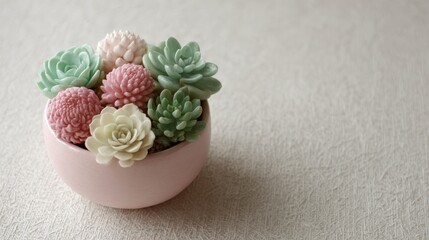 Poster - Delicate pastel-hued succulents in shades of pink and mint are artistically arranged in a small pot, displayed on a softly textured surface with empty space for text