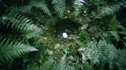 Poster - A luminous egg-shaped object rests in moss, surrounded by dew-covered ferns, illuminated by dappled natural light, with ample copy space on the right side