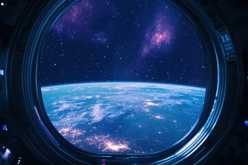 Poster - Spaceship window view of Earth and starry sky in deep space setting at night, Animated background of space view from spaceship window ing time-lapse Photo