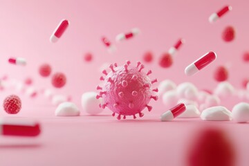 Poster - Drug targeting cancer cells with capsules and viruses in a flat design model, Drug targeting cancer cell 3D model flat design front view, advanced therapy theme, cartoon drawing