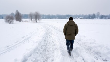 Poster - A person walks away in an empty parka, leaving snow tracks in the deep snow, with a whiteout landscape creating a sense of solitude and exploration