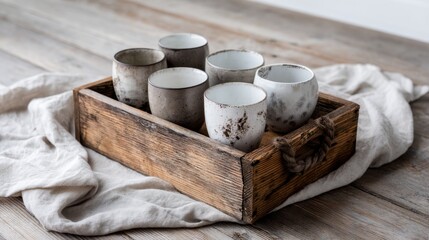 Aufkleber - A rustic pine tray displays six ceramic mugs arranged on a soft linen cloth, illuminated by gentle morning light, creating a serene atmosphere perfect for gatherings