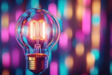 Poster - Glowing light bulb shines brightly against colorful neon background in artistic display, A glowing light bulb with a colorful neon background