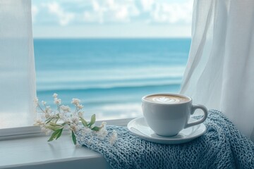 Wall Mural - Cozy coastal window with a cup of coffee and calming ocean view in morning light, Cozy coastal scene with a cup of coffee on a windowsill overlooking ocean, background