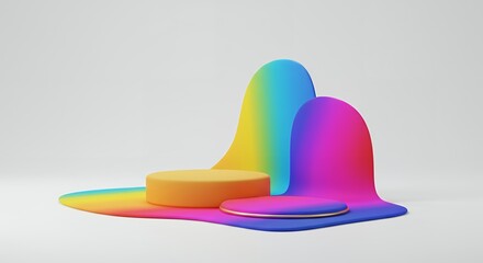 Poster - Abstract 3D rendering of vibrant rainbow-colored stage podiums with a modern, minimalist design against a clean white backdrop, perfect for product display.