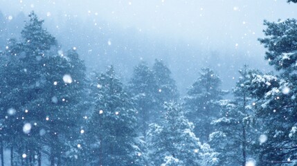 Aufkleber - Soft snowflakes drift gently in a tranquil winter landscape featuring a frosted pine forest under a peaceful gray sky. Copy space is available for text
