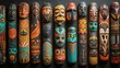 © Vangly - Colorful wooden masks featuring intricate carvings and vibrant patterns on a dark background.