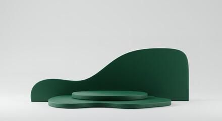 Poster - Minimalist abstract design with emerald green podiums and wavy backdrop, perfect for product display, showcasing elegance and modern aesthetics