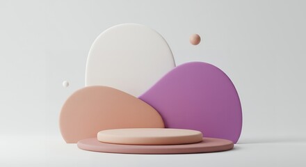 Poster - Minimalist 3D rendering of a product display podium with pastel colors and abstract shapes for showcasing cosmetics or other products on a clean background.