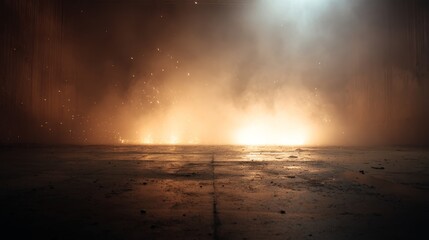 Fototapete - Intense flame patterns and glowing embers rise from a textured dark surface amidst a smoky haze, creating a dramatic atmosphere with empty space on the right