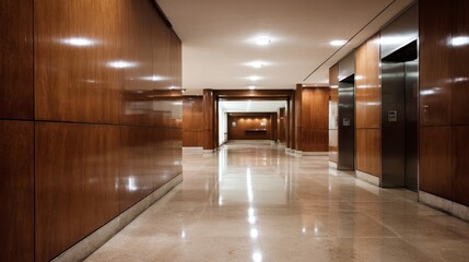 Fototapete - A low angle view captures a tranquil corridor with dark wood walls and a shiny floor reflecting soft ambient light, creating an inviting yet empty space