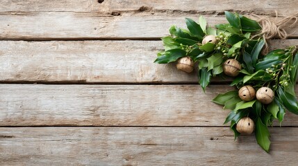 Poster - Rustic wooden holiday decorations featuring holly leaves and bells create a charming and festive atmosphere, perfect for seasonal celebrations on a natural oak surface