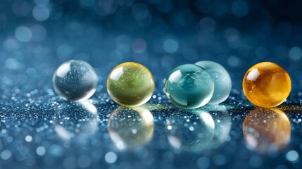 Fototapete - Colorful spheres float serenely against a sparkling starry bokeh backdrop, creating beautiful soft reflections and leaving space for creative text placement
