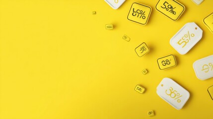 Poster - Eye-catching Discount Stickers Float Against a Vibrant Yellow Background, Creating a Cheerful and Inviting Shopping Atmosphere for Consumers