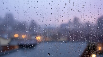 Aufkleber - Close-up view of raindrops on a frosted glass pane, with a blurred background of misty fields at dusk, evoking tranquility and reflection amidst nature's beauty