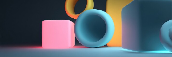 Poster - Glow From Minimal Abstract 3D Shapes Showcasing a Discount Code in a Modern Design Setting
