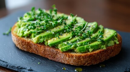 Poster - Close-up of fresh avocado toast garnished with microgreens and olive oil on a dark slate plate, highlighting the vibrant colors in soft natural light