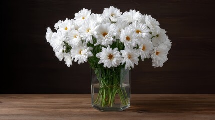 Leinwandbilder - A close-up view captures a lively bunch of white daisies arranged in a clear glass vase, bringing freshness and joy to a warm, rustic environment