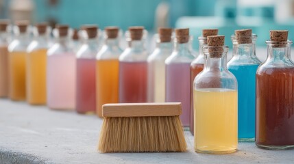 Aufkleber - Colorful bottles filled with various dyes are arranged creatively, accompanied by a wooden paintbrush, showcasing the beauty of artistic materials in a vibrant setting
