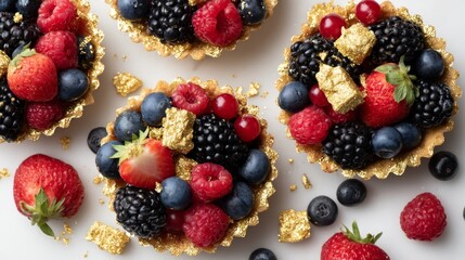 Poster - Close-up arrangement of golden-crusted fruit tarts filled with fresh berries and edible gold, showcasing a gourmet dessert perfect for any occasion