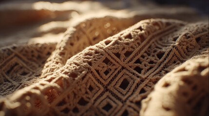 Poster - Lace fabric is captured in close-up, highlighting its geometric design and tight weave as soft ambient light accentuates the delicate patterns