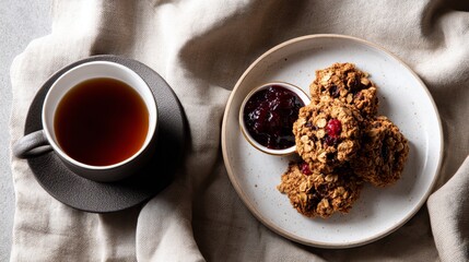 Poster - Close-up view of freshly baked oatmeal biscuits topped with blueberry compote, arranged on a ceramic plate, accompanied by a cup of tea on textured linen