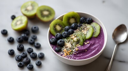 Aufkleber - A close-up view captures a colorful smoothie bowl made with purple ingredients, topped with fresh kiwi slices and chia seeds, surrounded by scattered berries