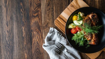 Poster - Close-up view of a grilled salmon steak plated with vegetables and herbs on a rustic wooden surface, accompanied by cutlery and a napkin, leaving space for text