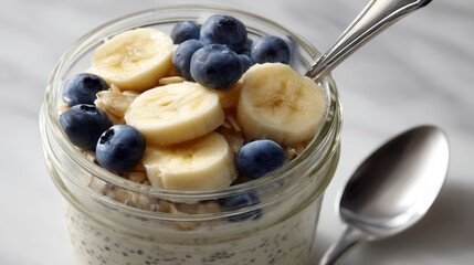 Poster - Close-up view of a layered smoothie featuring chia seeds, banana slices, and fresh blueberries in a mason jar, resting on a clean white surface with a spoon inside