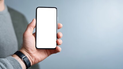 Poster - Neutral hand displays a smartphone in front view on a plain background, creating ample space on the right for text or graphic overlays, suitable for various uses