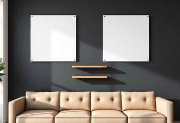 Wall Mural - two minimalist banners hang on a dark wall above a sofa and shelf in a waiting area, ambiance, archi