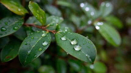 Poster - Fresh green leaves adorned with delicate droplets of morning dew glimmer under filtered sunlight, evoking a calm and vibrant natural mood, with space for text