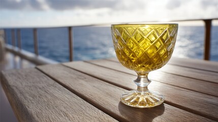 Poster - Crystal goblet filled with sparkling water rests on a polished wooden deck, illuminated by golden hour light, against a tranquil ocean and sunset backdrop