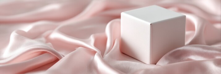 Poster - Delicate Light Pink Silk Drapes Softly Around a White Box Creating a Serene and Elegant Display in a Softly Lit Setting