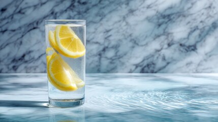 Aufkleber - A glass filled with chilled sparkling water and fresh lemon slices sits on a sleek glass table. Bright daylight highlights the minimalist marble backdrop