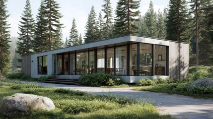 Aufkleber - Detailed blueprint showcases a modern single-story cabin featuring expansive glass walls, nestled in a serene forest of pine trees, illuminated by gentle natural light