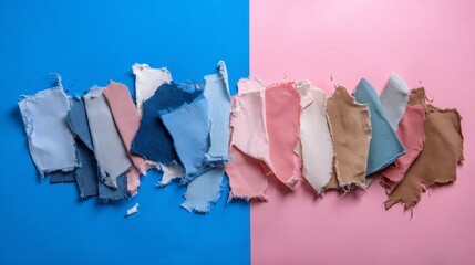 Leinwandbilder - Pastel fabric swatches with frayed edges are artistically laid out against a two-tone blue and pink background, allowing for ample copy space on the right side
