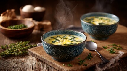 Poster - Two steaming bowls of creamy vegetable soup are garnished with fresh herbs, sitting on a rustic wooden table, evoking a warm and inviting atmosphere
