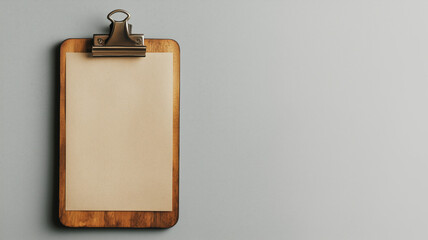 An isolated mockup of a wooden clipboard with blank paper on a light grey background.

