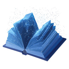 Poster - Open book with low poly blue mountain shapes emerging from pages digital learning and concept of knowledge and data visualization technology with points and lines network connections illustration