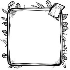 Poster - Hand drawn square paper sticker frame with curled corner and decorative botanical leaves border, doodle sketch style black line art vector illustration for design template or label background