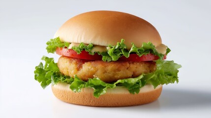 Aufkleber - Delicious veggie burger features a golden-brown patty layered with crisp lettuce and tomato, all nestled in a sesame bun, ideal for plant-based dining enthusiasts