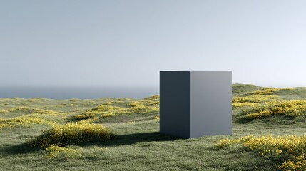 Poster - A gray pedestal stands gracefully in a meadow filled with vibrant wildflowers, creating an inviting space for displaying products under a clear blue sky