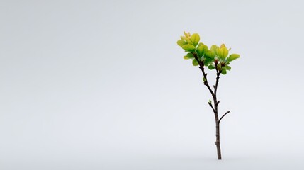 Poster - A young sapling stands upright, featuring delicate branches and fresh green leaves, symbolizing resilience and natural growth on a bright white background