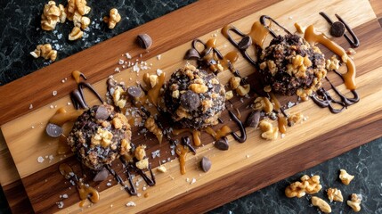 Aufkleber - Warm, rustic biscuits are elegantly arranged with a drizzle of caramel on a wooden board, evoking a homemade feel in a cozy bakery atmosphere